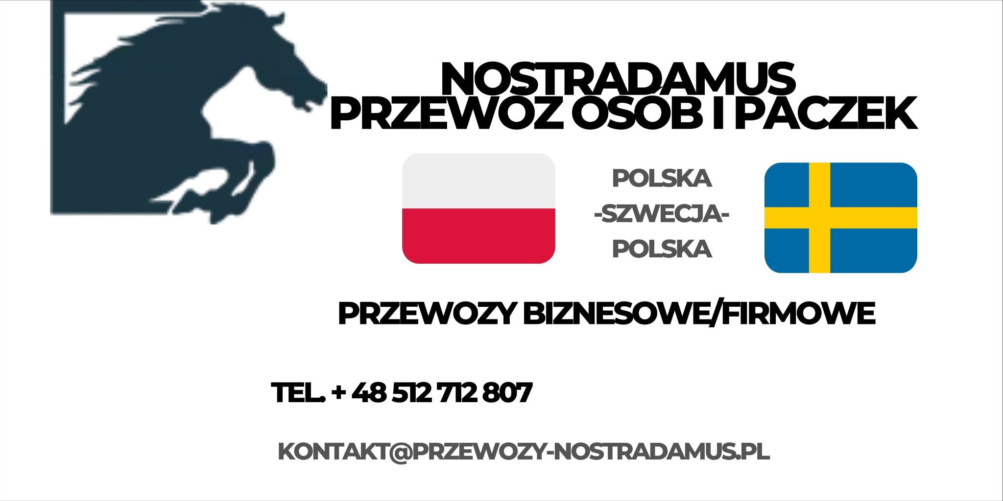 Logo firmy transportowej Nostradamus z sylwetką konia, flagami Polski i Szwecji, oferującej przewóz osób i paczek, oraz dane kontaktowe.