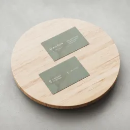 Dwie wizytówki w odcieniach zieleni z danymi kontaktowymi firmy Green Flow, ułożone na okrągłej, drewnianej podstawce na tle szarej, teksturowanej powierzchni.