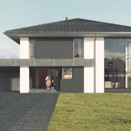 Wizualizacja nowoczesnego domu jednorodzinnego z płaskim dachem, szarą elewacją i dużymi oknami, na podjeździe stoi srebrny samochód, a mężczyzna rozmawia przez telefon.