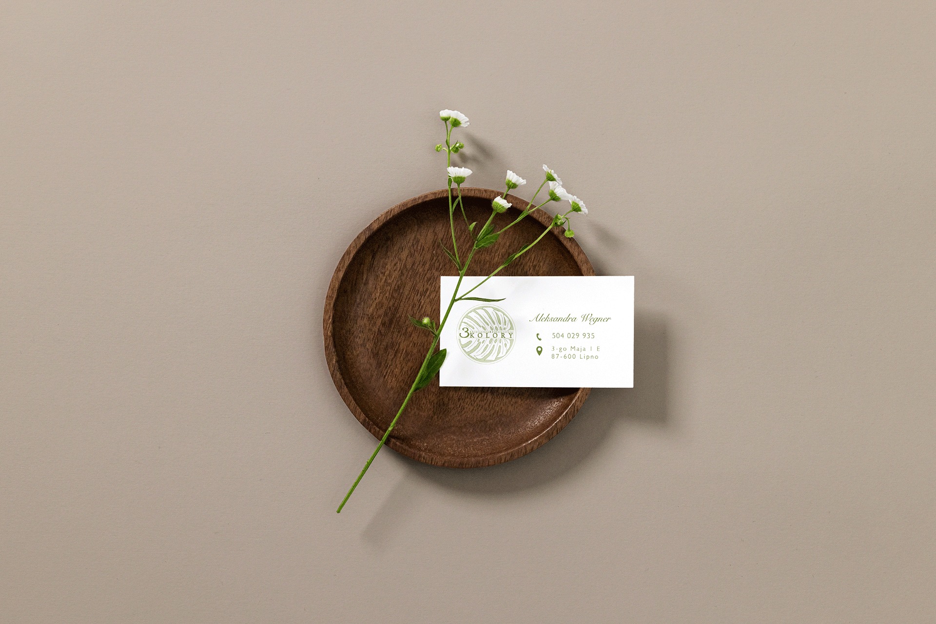 Wizytówka firmy '3 Kolory' na drewnianym talerzyku z gałązką drobnych białych kwiatów, na beżowym tle.