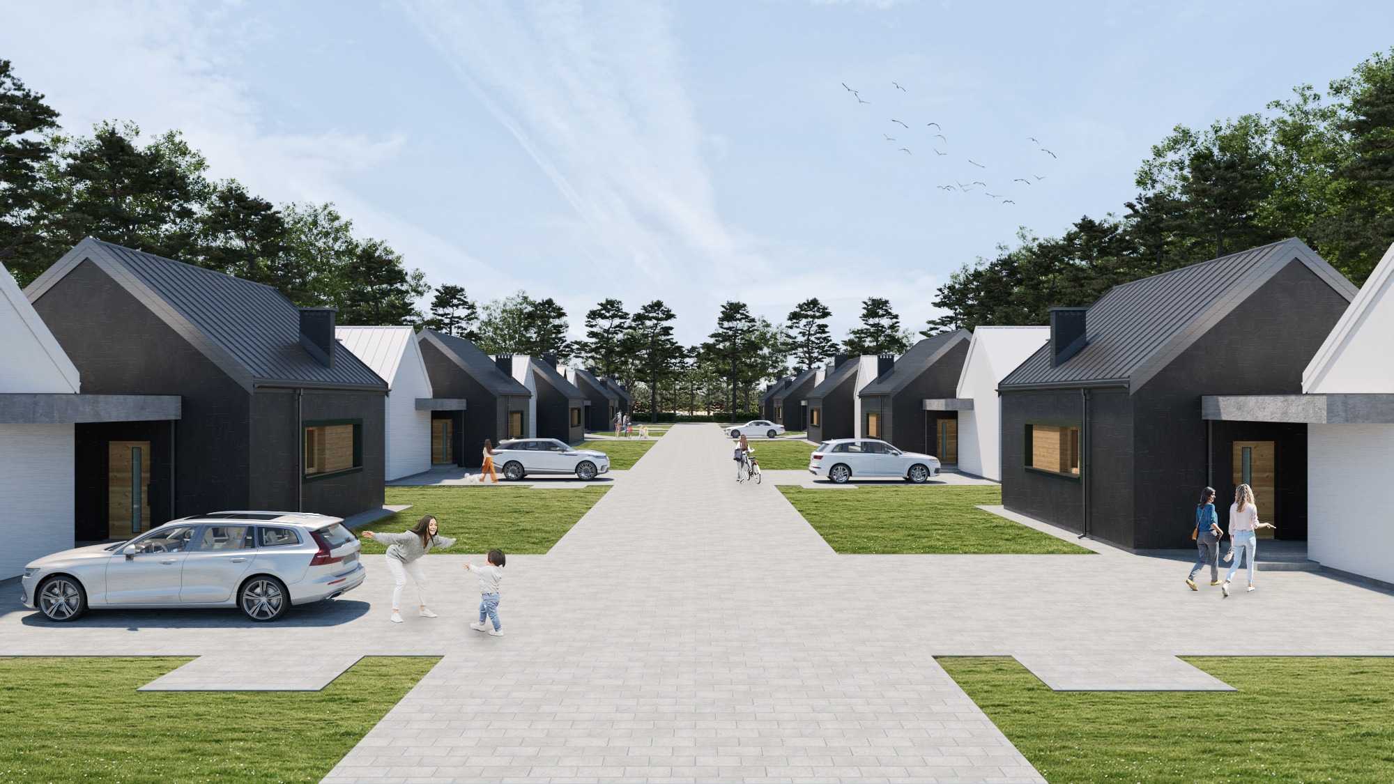 Wizualizacja osiedla domów jednorodzinnych z czarnymi dachami i białymi ścianami, z samochodami na podjazdach i bawiącymi się ludźmi, w słoneczny dzień.