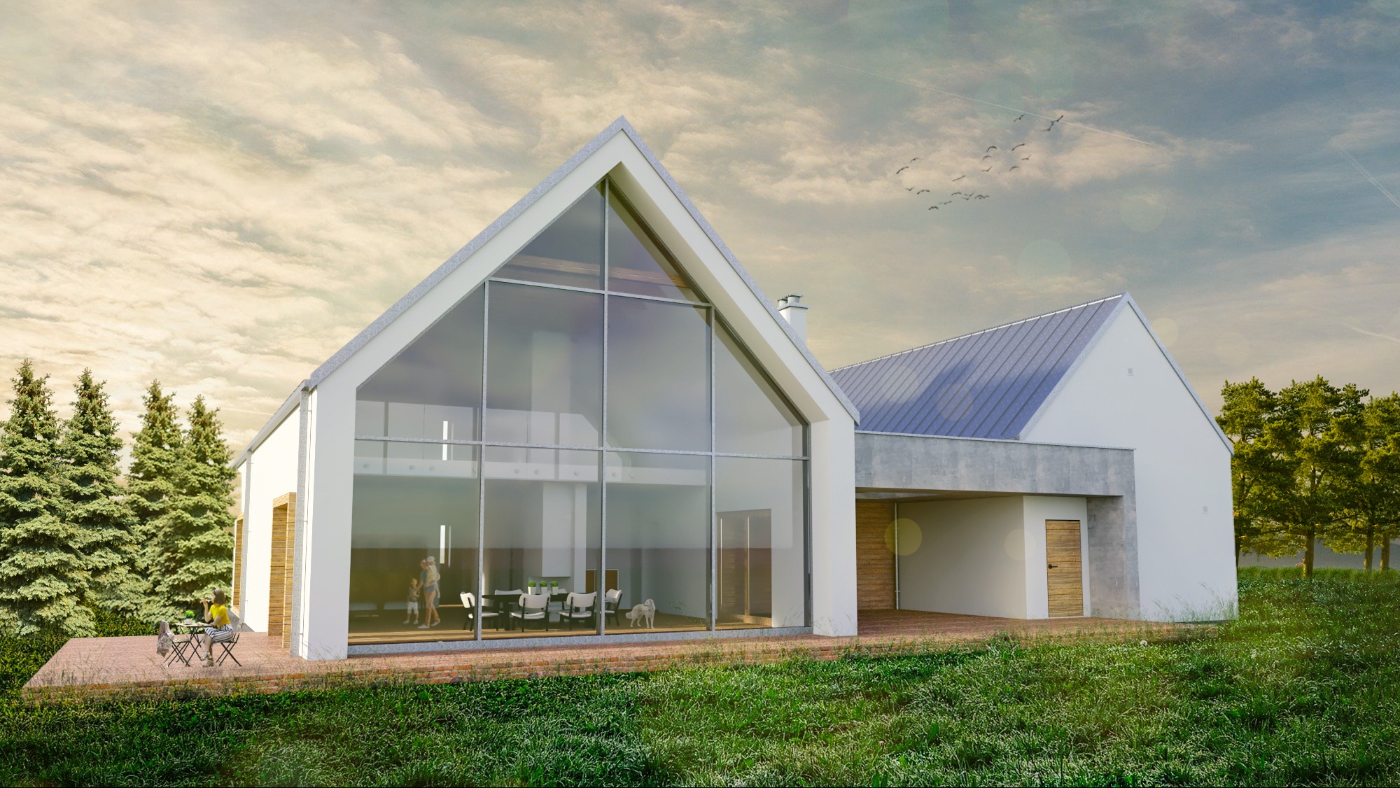 Wizualizacja nowoczesnego domu z dużą, przeszkloną ścianą szczytową, ukazująca wnętrze z jadalnią i rodziną, na zewnątrz taras z osobą siedzącą przy stoliku, otoczonego zielenią i drzewami.