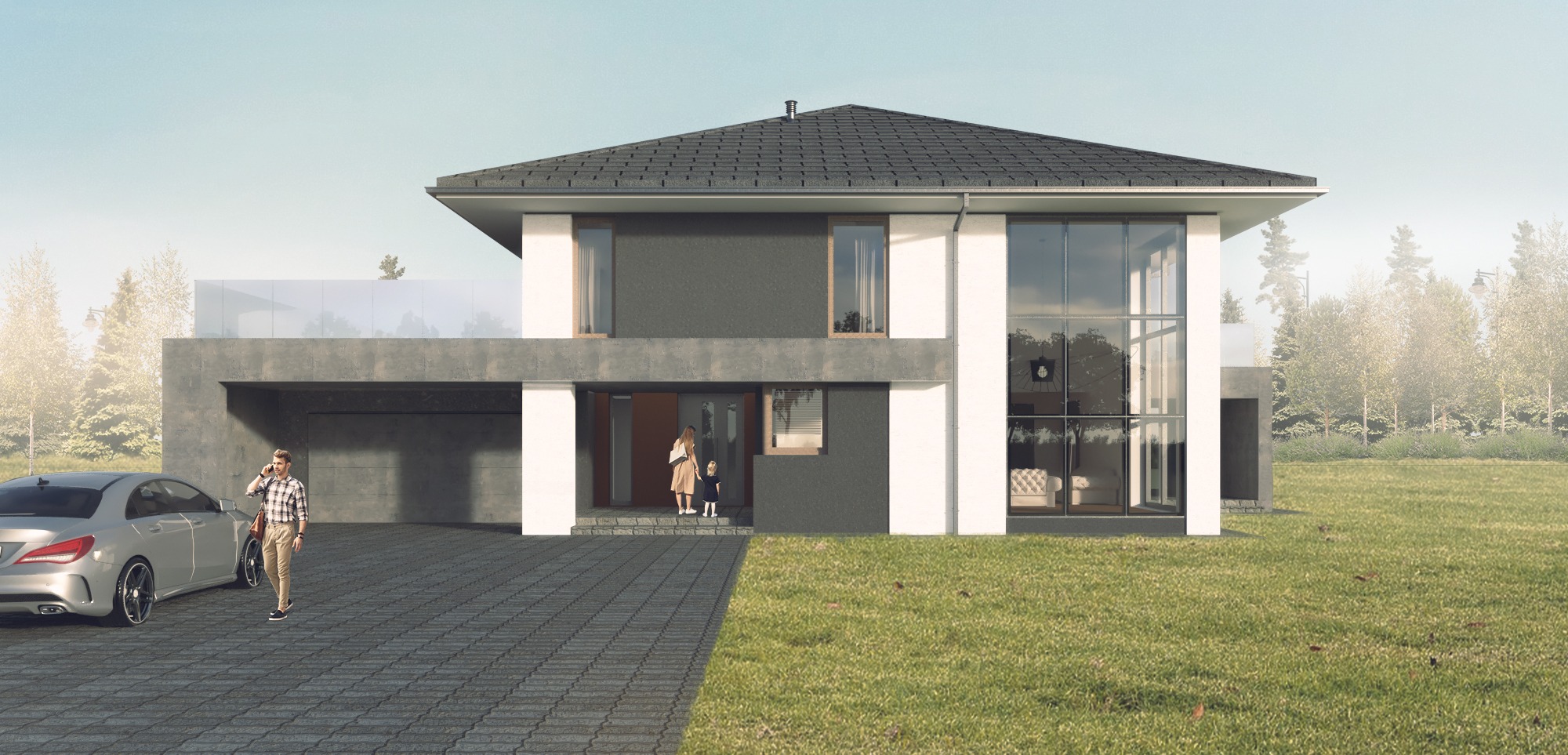 Wizualizacja nowoczesnego domu jednorodzinnego z płaskim dachem, szarą elewacją i dużymi oknami, na podjeździe stoi srebrny samochód, a mężczyzna rozmawia przez telefon.