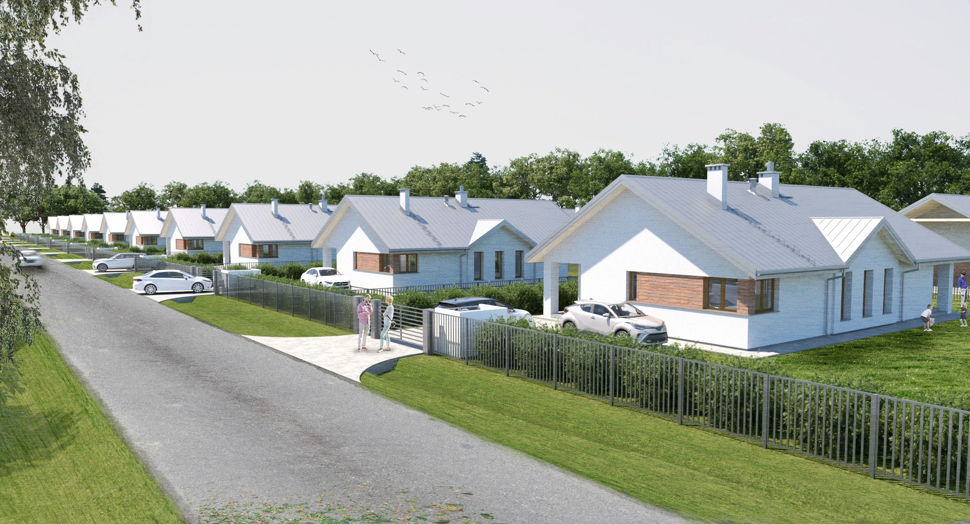 Wizualizacja osiedla domów jednorodzinnych z białymi elewacjami i szarymi dachami, widok z perspektywy ulicy z chodnikiem i ogrodzeniem.