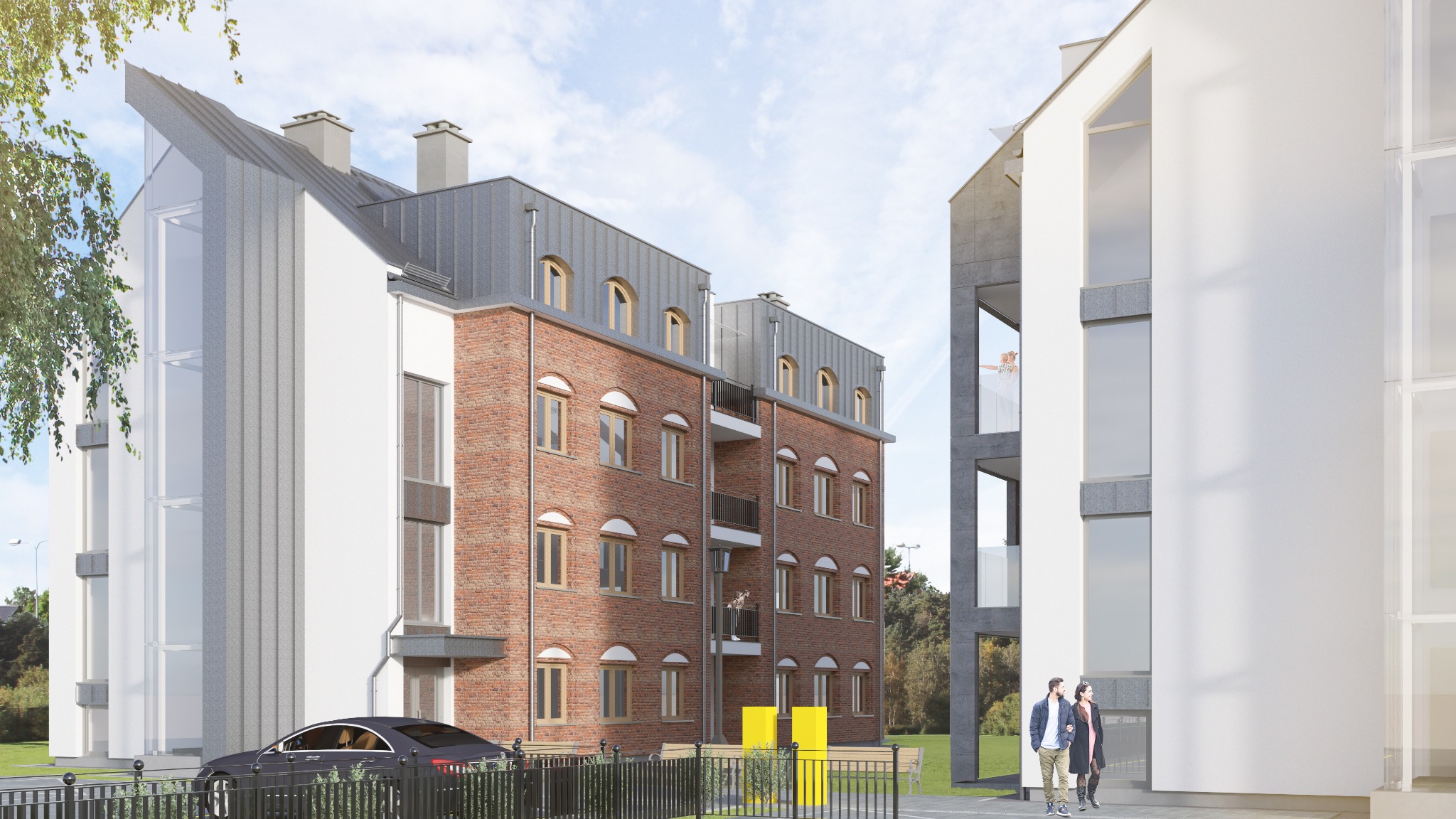 Wizualizacja architektoniczna nowoczesnego budynku wielorodzinnego z elementami cegły, jasną elewacją i dużymi oknami, z parą spacerującą przed budynkiem i czarnym samochodem zaparkowanym w pobliżu.