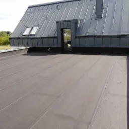 Widok na płaski dach pokryty papą termozgrzewalną z widocznymi zgrzewami, na tle skośnego dachu z blachy trapezowej z oknami dachowymi i lukarną.