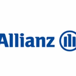 Niebieskie logo firmy Allianz na białym tle, zawierające nazwę firmy i symbol graficzny trzech filarów.