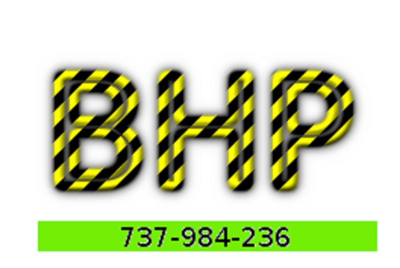 Grafika z napisem BHP w czarno-żółte pasy, poniżej numer telefonu na zielonym pasku.