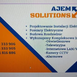 Folder reklamowy firmy AJEMK SOLUTIONS z ofertą projektowania instalacji elektrycznych, pomiarów elektrycznych, budowy rozdzielnic oraz kompleksowych instalacji oświetleniowych, telewizyjnych...