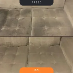 Porównanie stanu kanapy przed i po czyszczeniu: widoczne plamy i zabrudzenia usunięte z beżowej tapicerki.