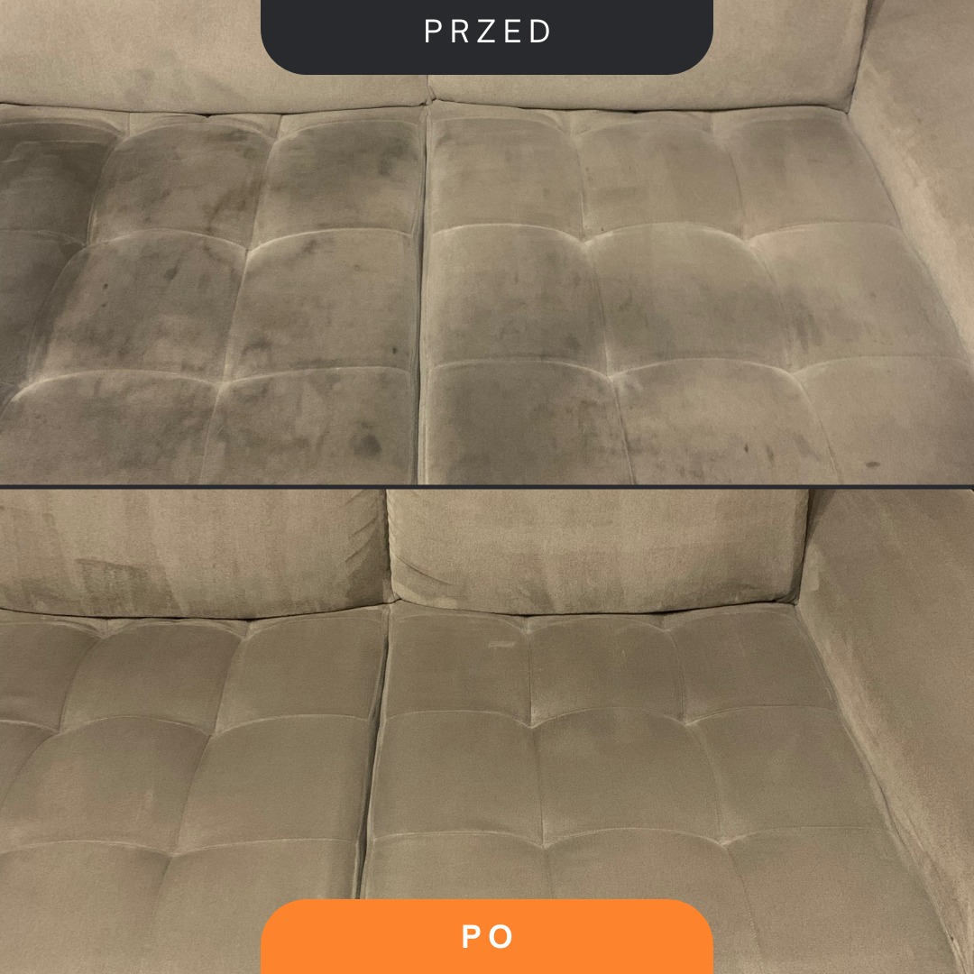 Porównanie stanu kanapy przed i po czyszczeniu: widoczne plamy i zabrudzenia usunięte z beżowej tapicerki.