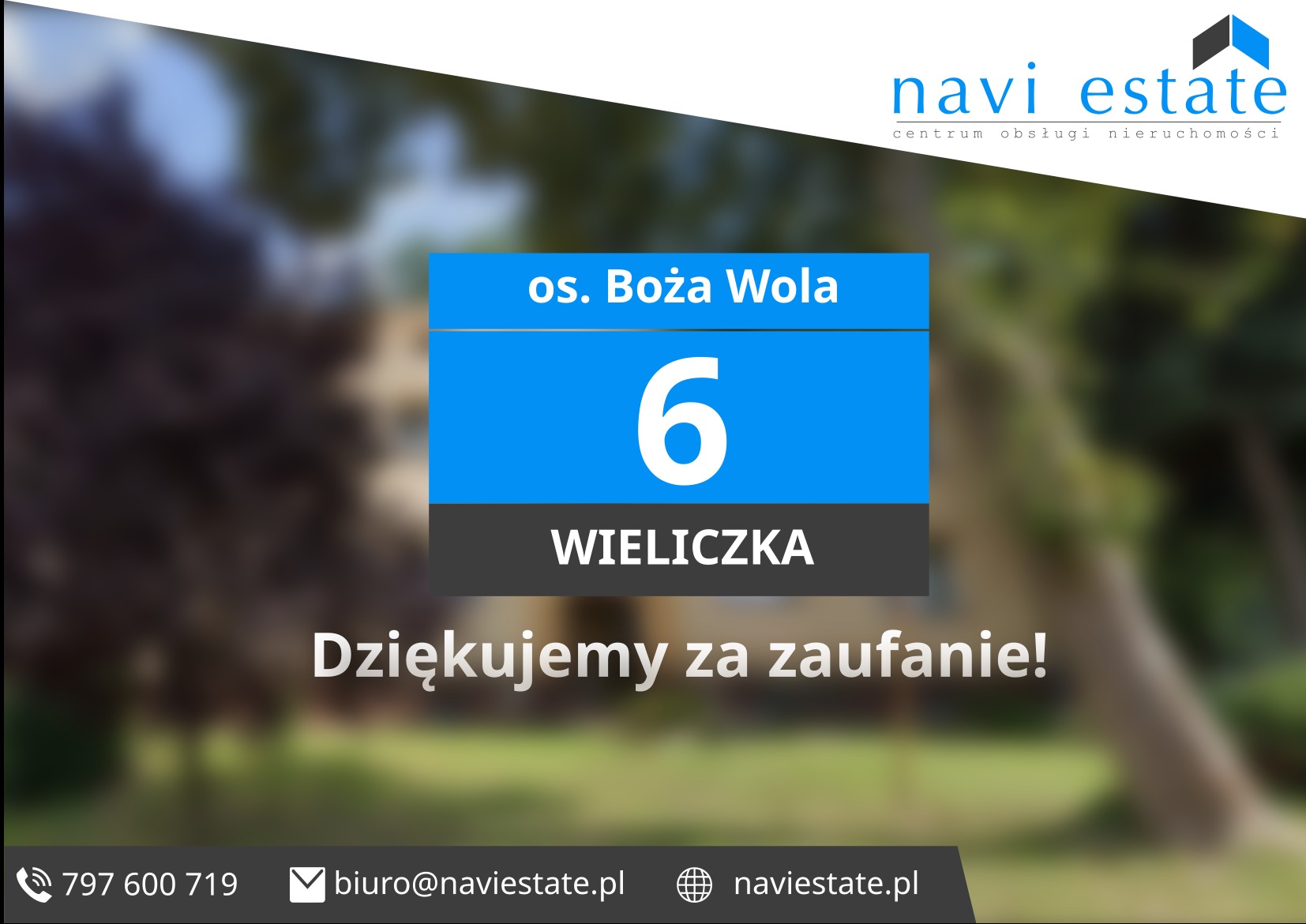 Tabliczka z numerem '6' i adresem 'os. Boża Wola, Wieliczka', logo 'navi estate' w tle z zielenią, podziękowanie 'Dziękujemy za zaufanie!' i dane kontaktowe na dole.