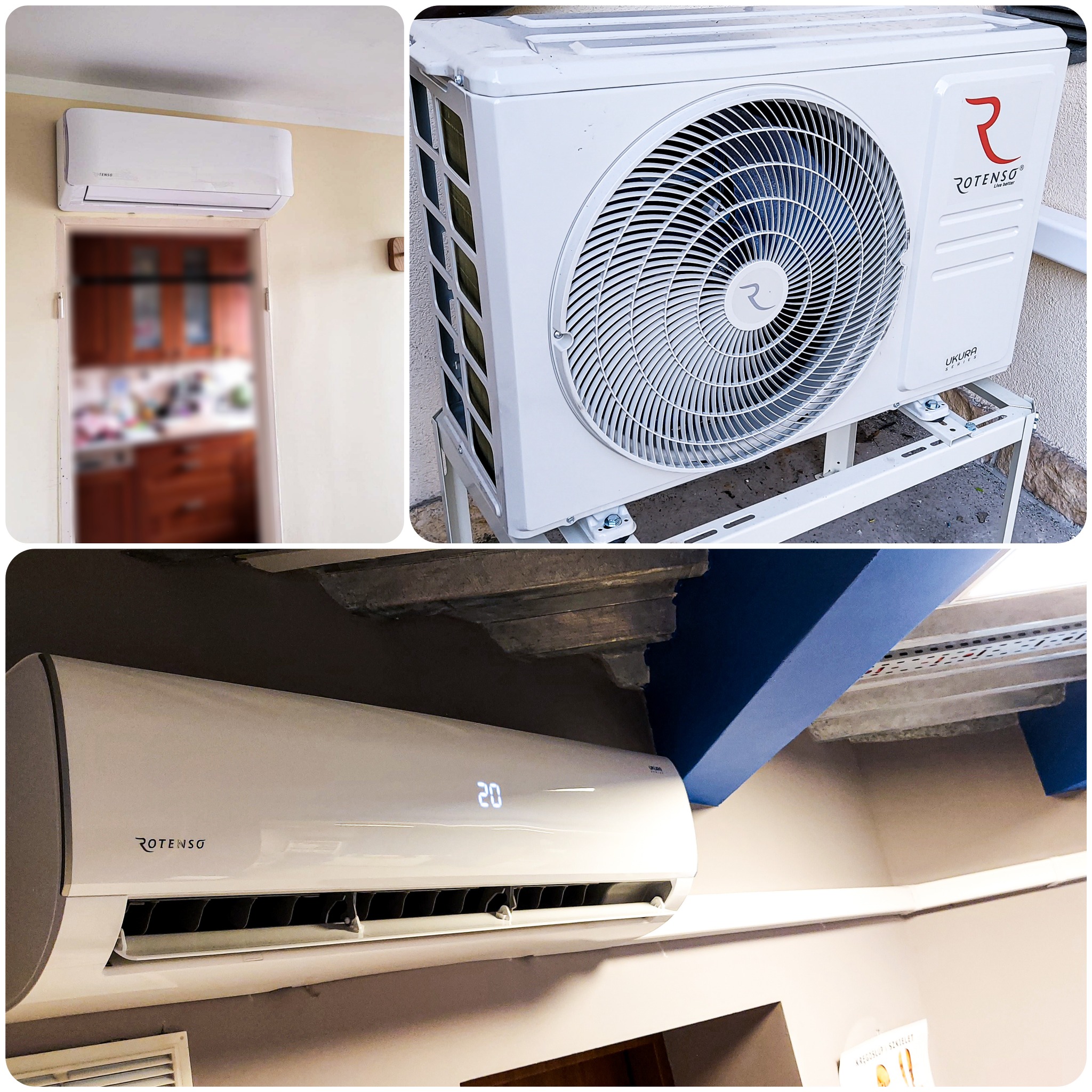 Zestawienie trzech ujęć: jednostka wewnętrzna klimatyzatora Rotenso zamontowana na ścianie w pomieszczeniu z widoczną kuchnią w tle, jednostka zewnętrzna na metalowym stelażu oraz zbliżenie...