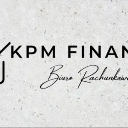 Logo KPM Finance Biuro Rachunkowe z symbolem zaznaczonego kwadratu na teksturowanym tle.