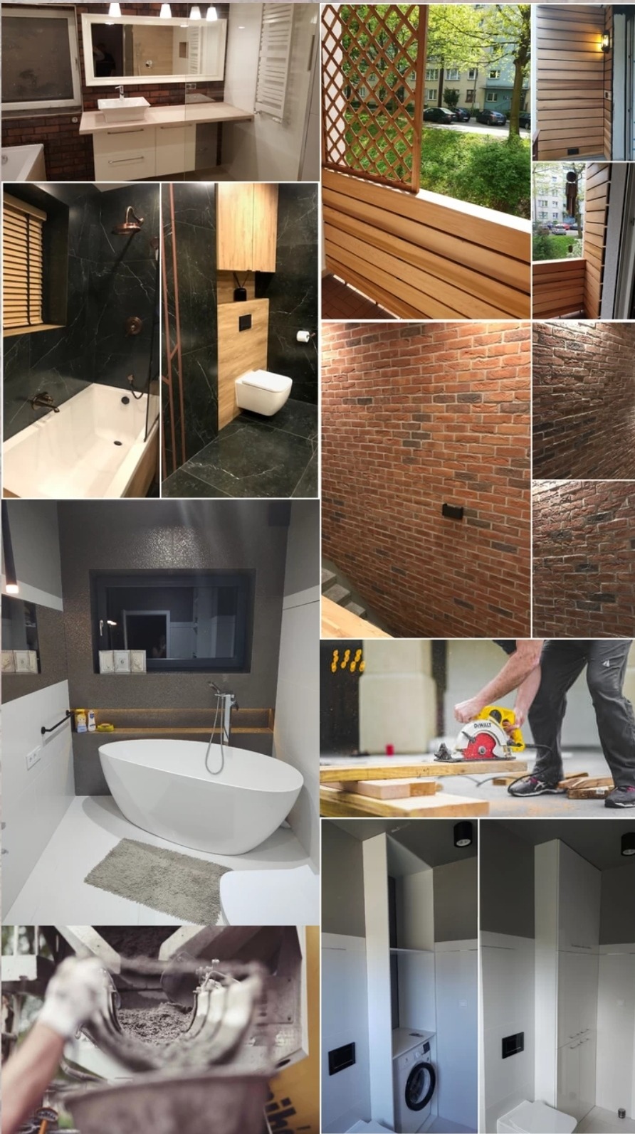 Kolaż zdjęć przedstawiających różne etapy remontu łazienek: od surowych ścian z cegły, przez prace glazurnicze, po gotowe aranżacje z wannami wolnostojącymi i nowoczesną armaturą.
