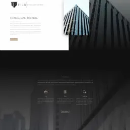 Prezentacja strony internetowej Kancelarii Prawnej HLB z widocznymi elementami graficznymi i tekstem, w stonowanej kolorystyce z motywem drapacza chmur w tle.