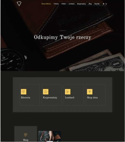 Fragment strony internetowej lombardu z hasłem 'Odkupimy Twoje rzeczy', prezentujący skórzany portfel, zegarek i banknot dolarowy.