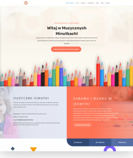 Strona internetowa przedszkola muzycznego dla dzieci z kolorowym motywem kredek i przyjaznym layoutem.