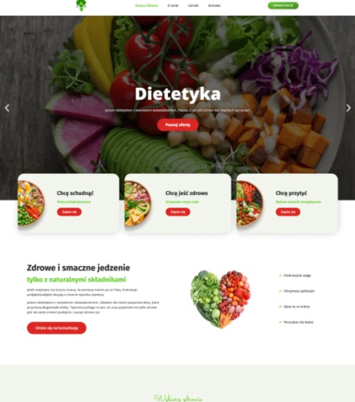 Widok strony internetowej dietetyczki z Poznania, prezentującej zbilansowane diety i integrację z kalendarzem ZnanyLekarz.pl. Na górze baner z warzywami i owocami. Poniżej sekcje: 'Chcę schudnąć'...
