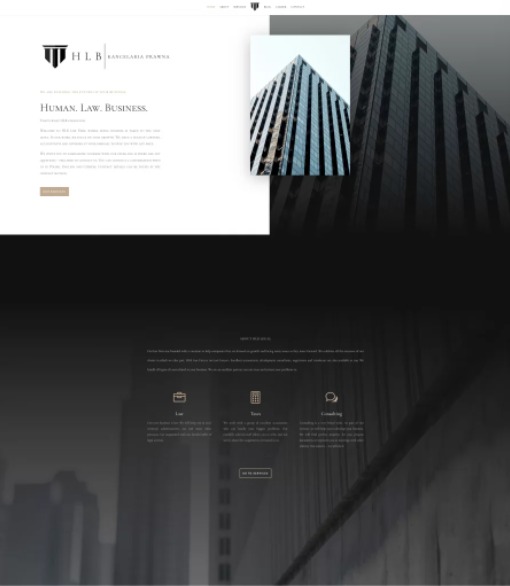Prezentacja strony internetowej Kancelarii Prawnej HLB z widocznymi elementami graficznymi i tekstem, w stonowanej kolorystyce z motywem drapacza chmur w tle.