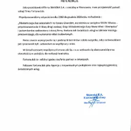 Skan referencji od firmy Skanska S.A. dla Fortuna Job, potwierdzający współpracę w latach 2018-2020 przy modernizacji śluz na Kanale Gliwickim, z podpisem Kierownika Budowy Wawrzyńca Smalcerza.