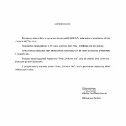 Skan listu referencyjnego wystawionego przez WDX S.A. dla firmy Fortuna Job, potwierdzającego współpracę w zakresie dostarczania pracowników tymczasowych na stanowiska produkcyjne, z datą 2022.03.