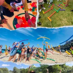 Kolaż z kilku zdjęć przedstawiających różne aktywności dla dzieci: animatorka w żółtym stroju z piłeczkami, dzieci grające w grę na trawie, zabawy z makaronem na plaży, grupa dzieci w kapeluszach...