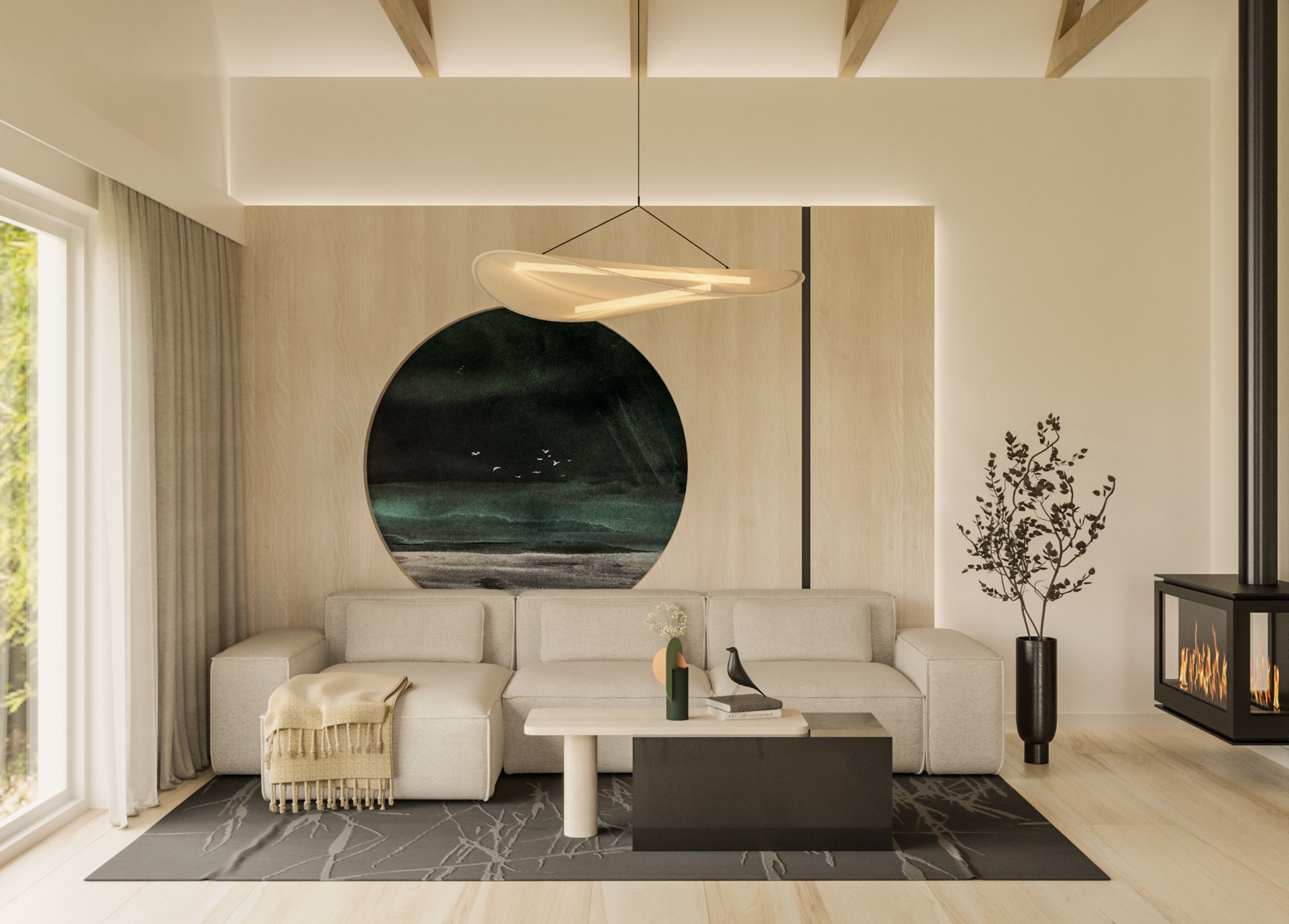 Nowoczesny salon z beżową sofą modułową, okrągłym obrazem z motywem ptaków, minimalistycznym stolikiem kawowym i wiszącym kominkiem na biopaliwo.