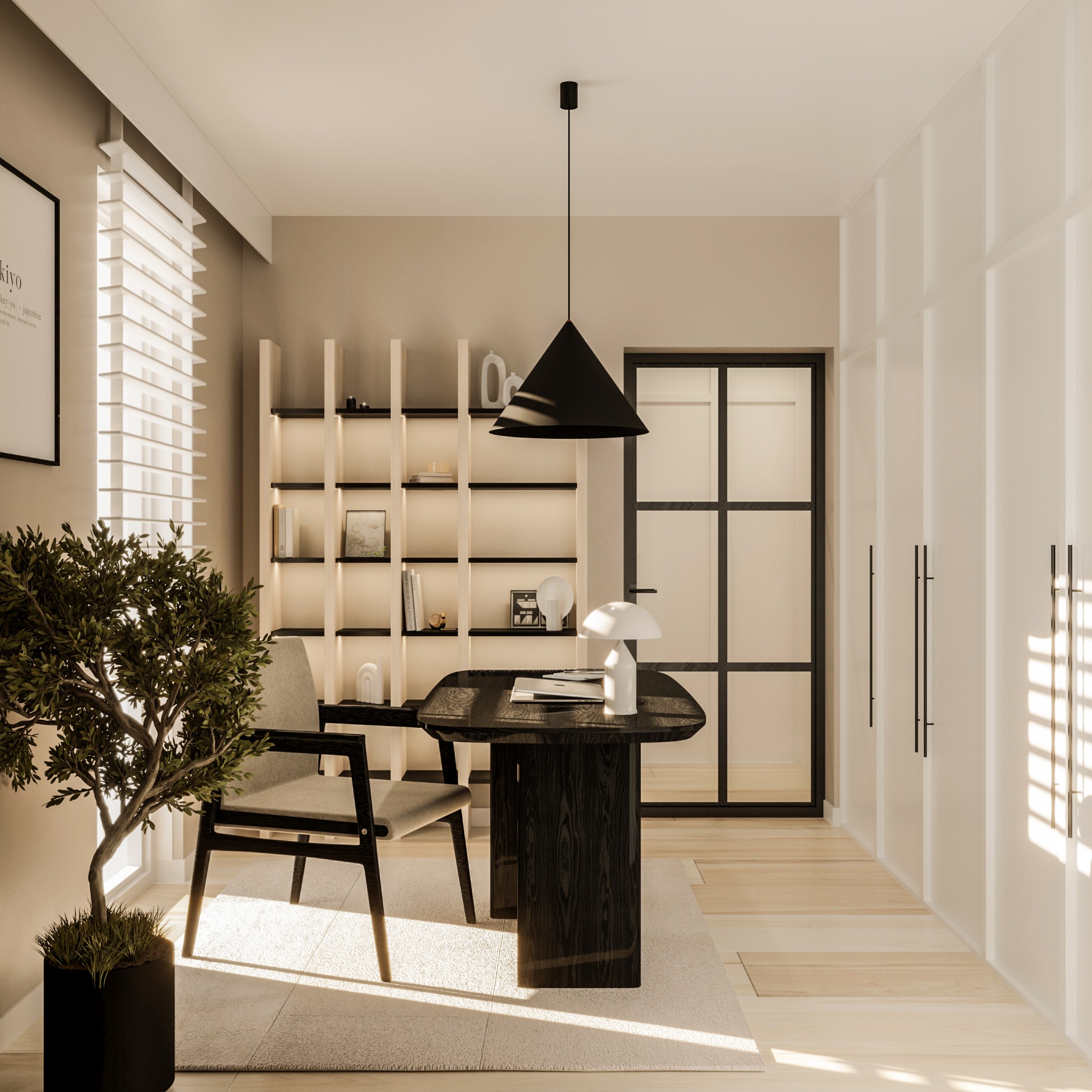 Nowoczesne biuro domowe z ciemnym biurkiem, szarym krzesłem, podświetlanym regałem i minimalistyczną lampą na biurku, uzupełnione rośliną w doniczce i czarną lampą wiszącą w kształcie stożka.