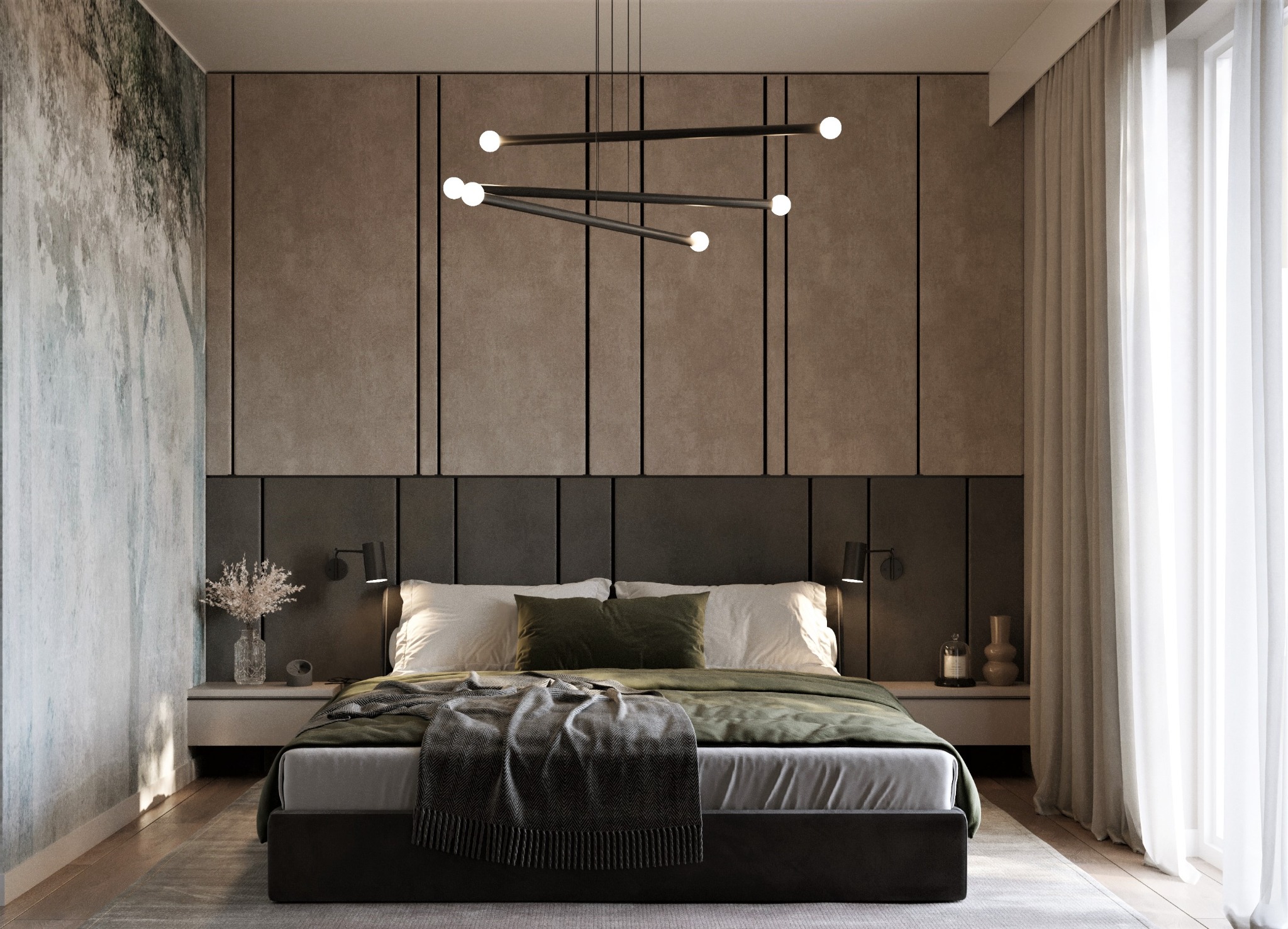 Nowoczesna sypialnia z łóżkiem kontynentalnym, ciemnozieloną pościelą i szarym pledem w jodełkę, geometryczna lampa sufitowa z kulistymi żarówkami, panele ścienne i abstrakcyjny mural.