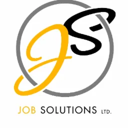 Logo firmy Job Solutions Ltd. z stylizowanymi literami J i S w kolorze złotym i czarnym, otoczone szarym okręgiem.