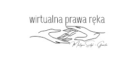 Minimalistyczny rysunek dłoni obejmujących tekst 'wirtualna prawa ręka' i podpis 'Martyna Sordyl - Gwanda'.