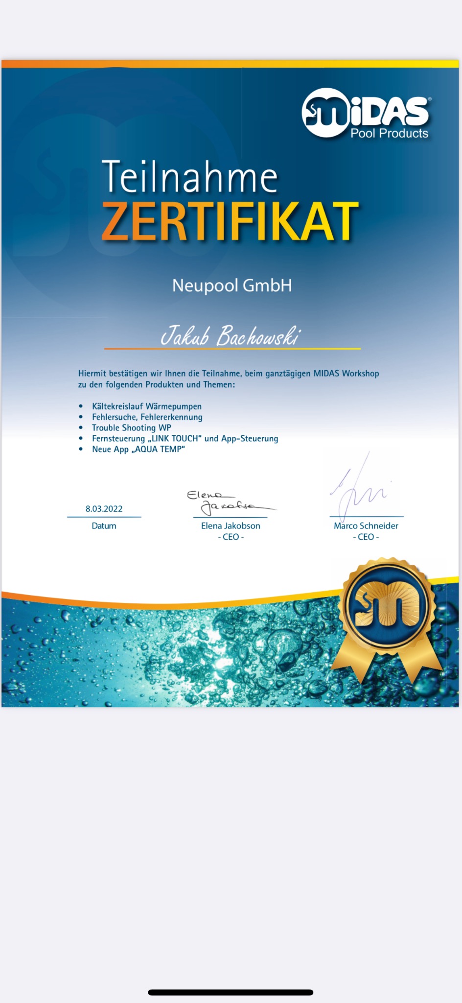 Certyfikat ukończenia szkolenia w zakresie pomp ciepła