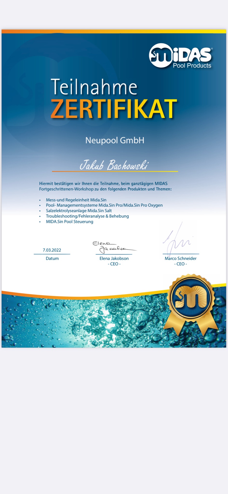 Certyfikat ukończenia szkolenia w zakresie urządzeń dozujących