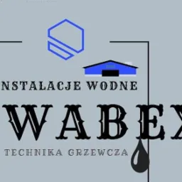 Logo firmy WABEX specjalizującej się w instalacjach wodnych i technice grzewczej, z graficznymi elementami budynku i kropli wody.
