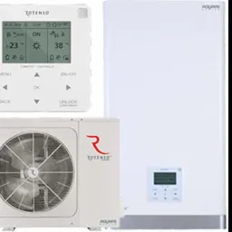 Biała pompa ciepła Rotenso Aquami z panelem sterowania, widoczny wentylator jednostki zewnętrznej i wyświetlacz z temperaturą 23 i 38 stopni.