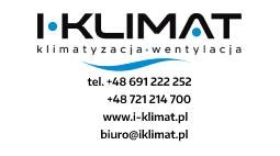 Logo firmy I-KLIMAT z hasłem 'klimatyzacja wentylacja', numerami telefonów, adresem strony internetowej i adresem e-mail na białym tle.