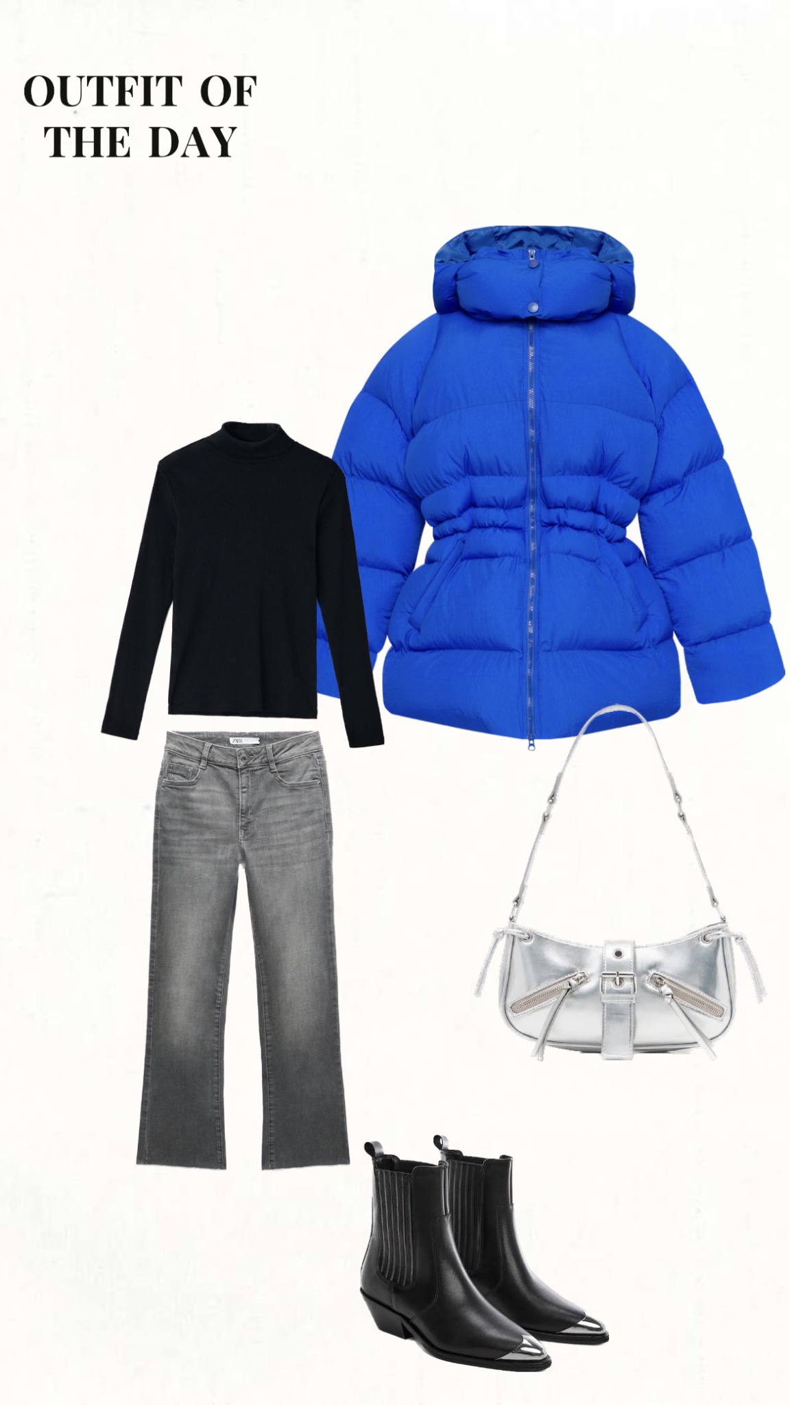 Kompletny outfit: kobaltowa kurtka puchowa z kapturem, czarny golf, szare jeansy z surowym wykończeniem nogawek, srebrna torebka na ramię z ozdobnymi suwakami i czarne botki kowbojki z metalowymi...