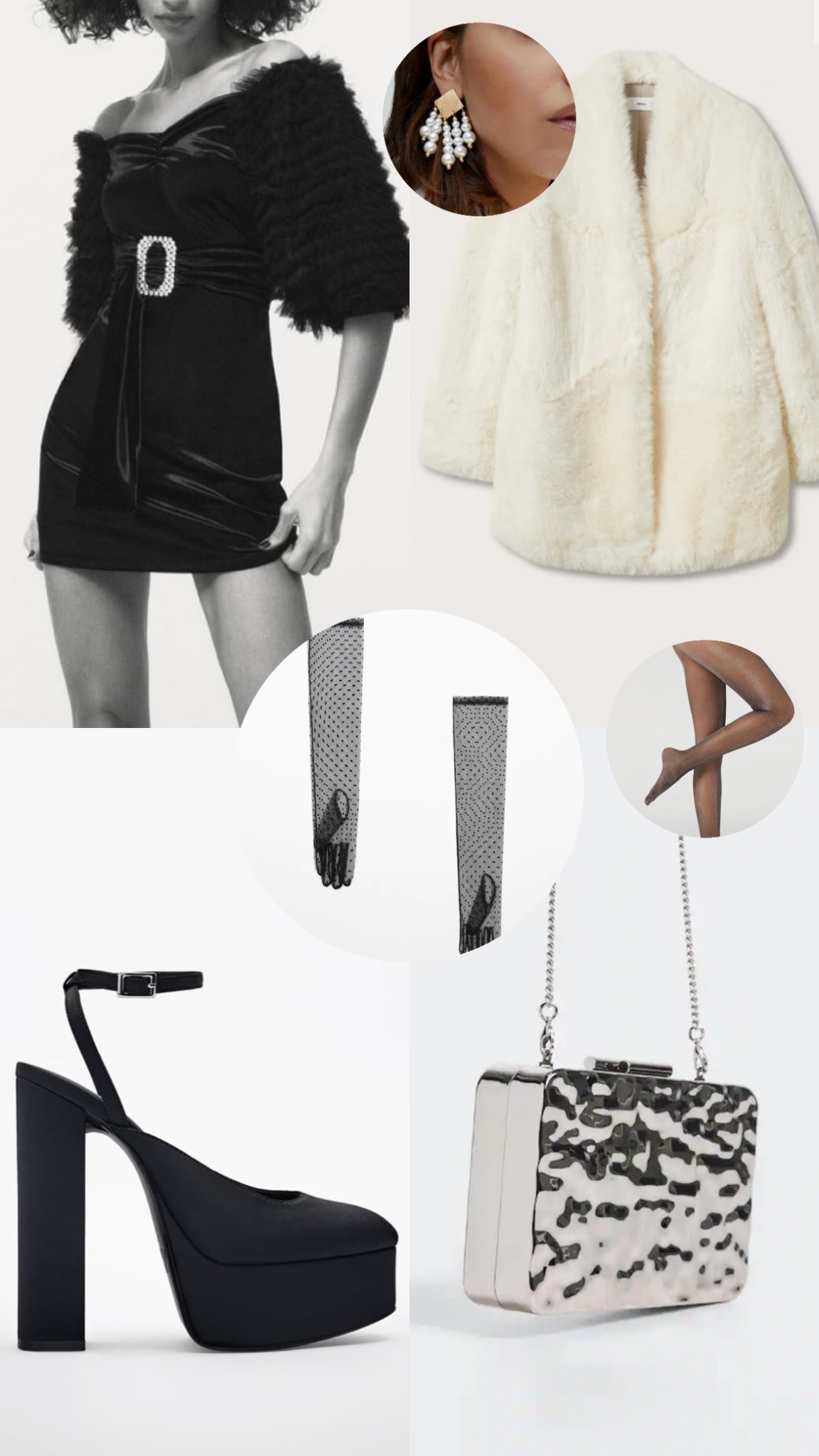 Kompozycja ubrań i akcesoriów w stylu wieczorowym: czarna sukienka z bufkami i ozdobnym paskiem, białe futerko, zdobne kolczyki, kabaretki, czarne platformy z paskiem wokół kostki oraz srebrna...