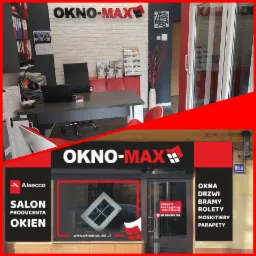 Wnętrze i fasada salonu Okno-Max: biuro z laptopem, ekspozycja klamek, drzwi wejściowe z informacją o godzinach otwarcia oraz szyld z ofertą okien, drzwi, bram, rolet, moskitier i parapetów.