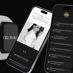 Patryk Markowski - markovsky.co - Dwa smartfony prezentują stronę internetową Mia Beauty Center z ofertą makijażu permanentnego i certyfikatami. Widoczny zegarek. Minimalistyczny design w czerni i bieli.