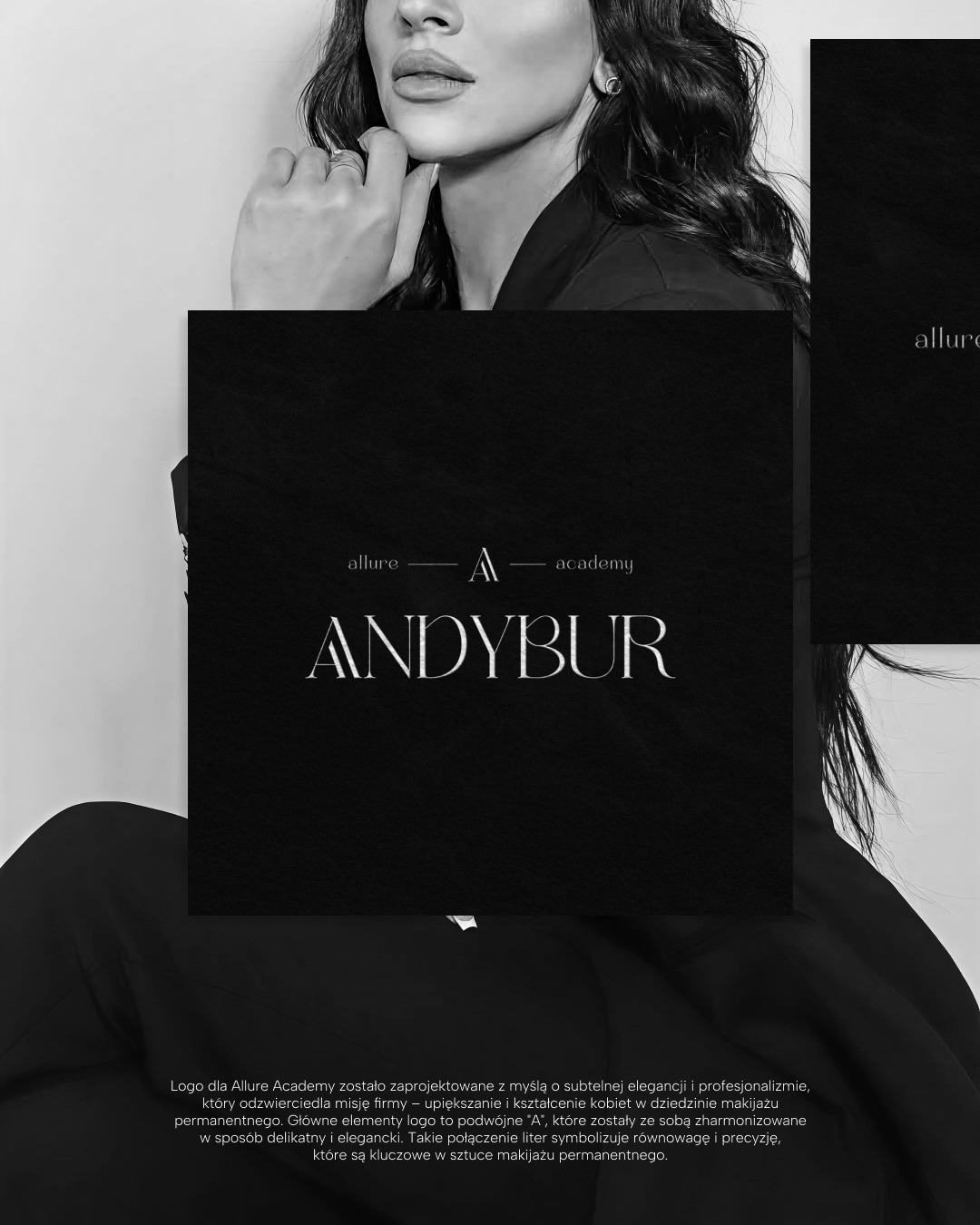 Eleganckie logo 'Andybur' dla Allure Academy z podwójnym 'A' symbolizującym równowagę, prezentowane na tle portretu kobiety, nawiązujące do makijażu permanentnego.