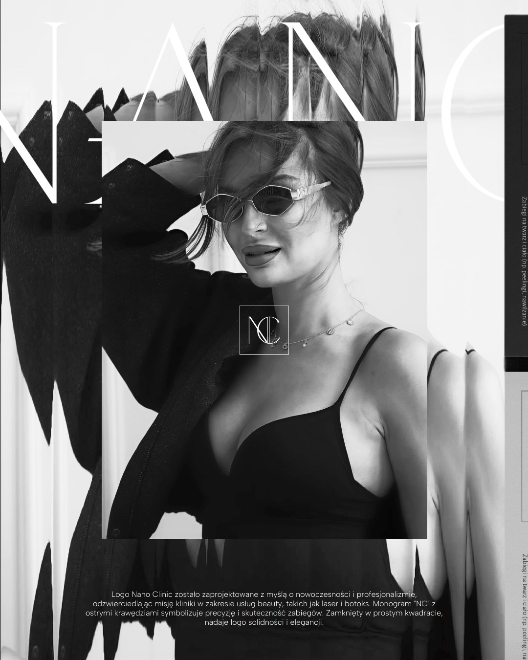 Czarno-biała kompozycja graficzna z kobietą w okularach i logo Nano Clinic, sugerująca usługi z zakresu beauty, takie jak laser i botoks.