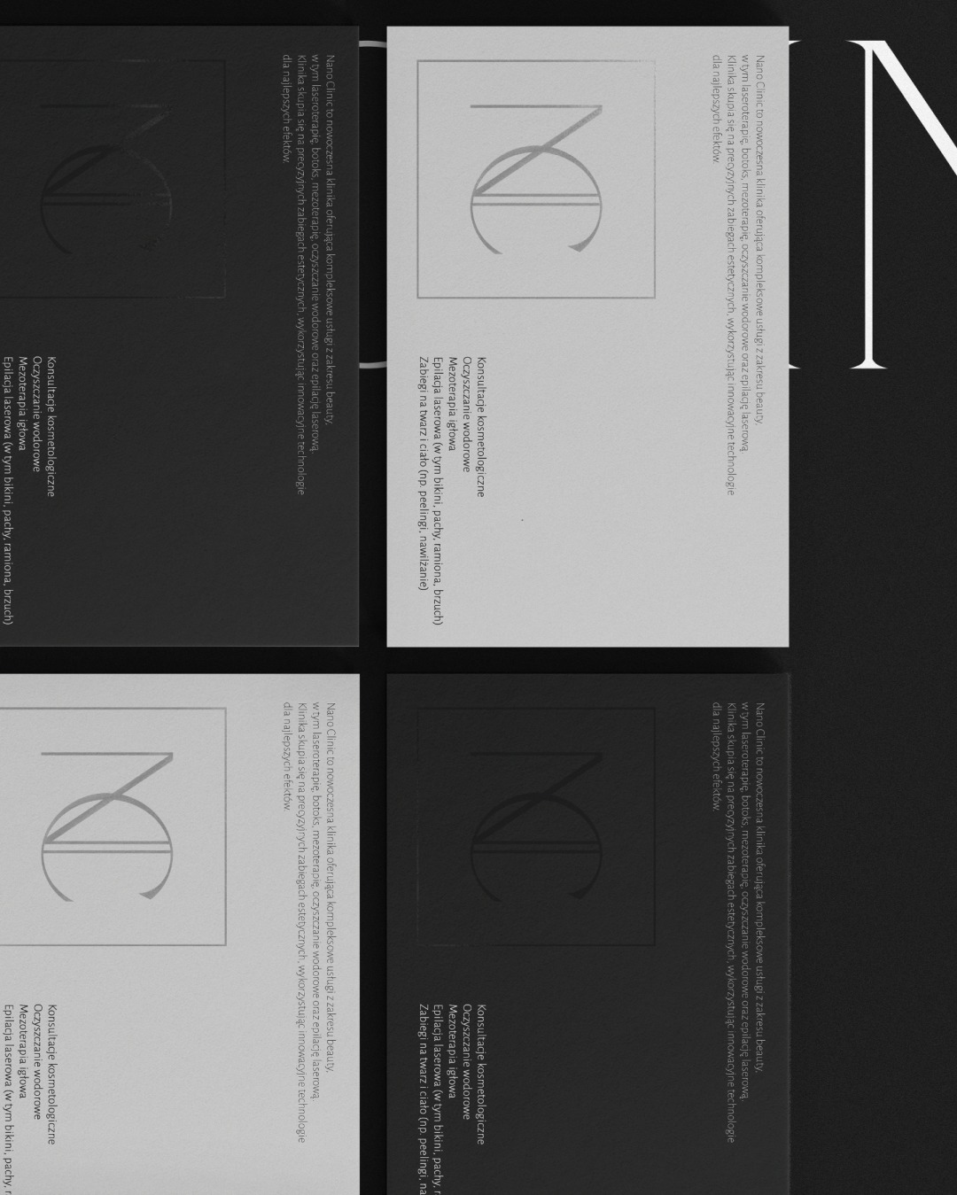 Cztery wizytówki kliniki kosmetycznej Nano Clinic z logo i ofertą usług: konsultacje, oczyszczanie wodorowe, mezoterapia igłowa, epilacja laserowa oraz zabiegi na twarz i ciało.