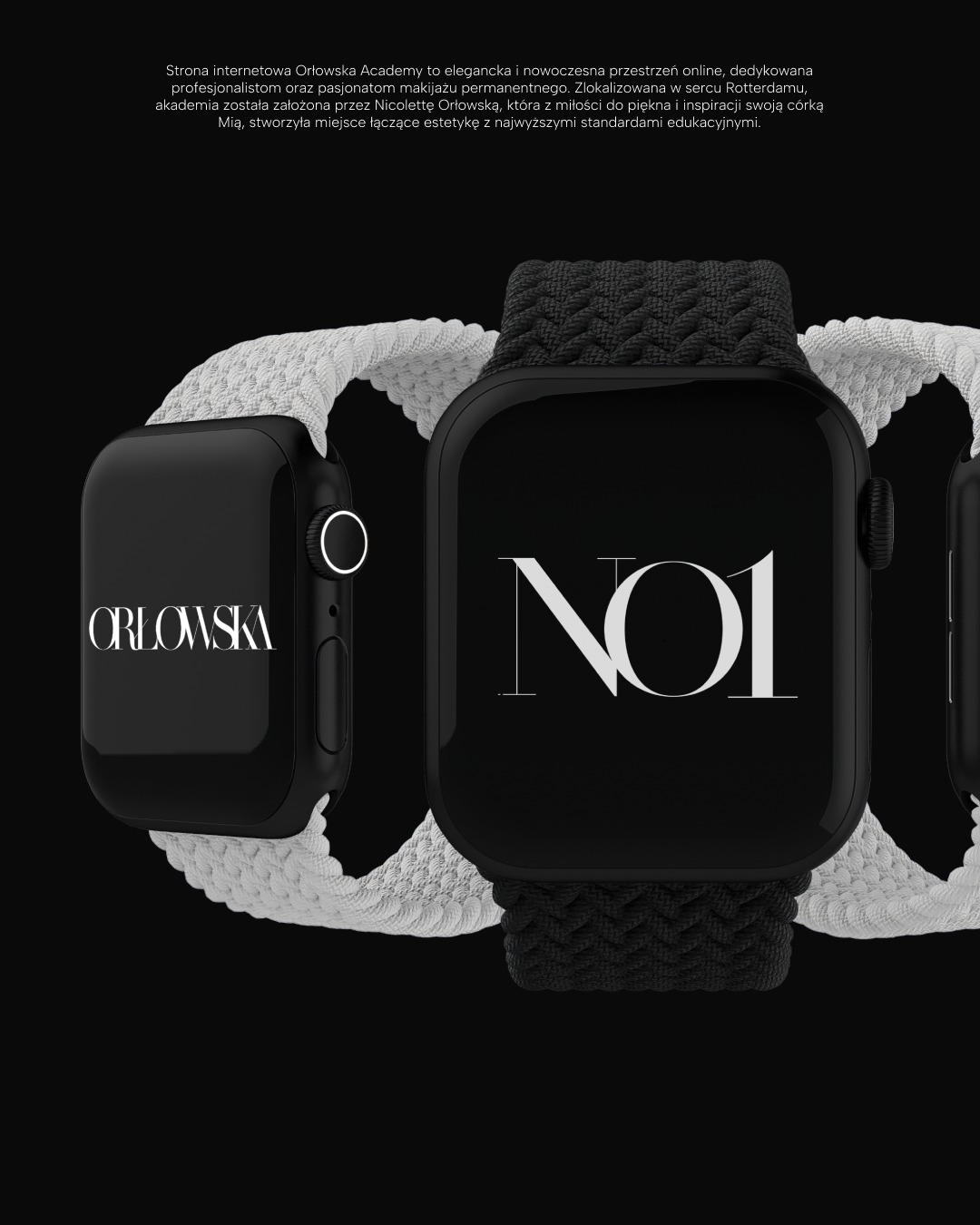 Mockup strony internetowej Orłowska Academy na smartwatchach. Elegancki design z logo i tekstem informacyjnym. Minimalistyczna estetyka w czerni i bieli.