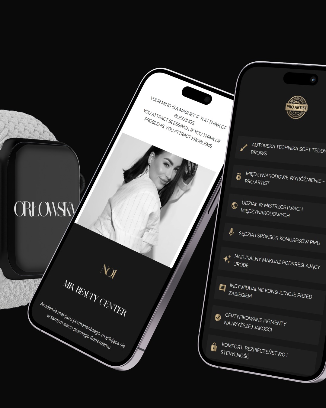 Dwa smartfony prezentują stronę internetową Mia Beauty Center z ofertą makijażu permanentnego i certyfikatami. Widoczny zegarek. Minimalistyczny design w czerni i bieli.