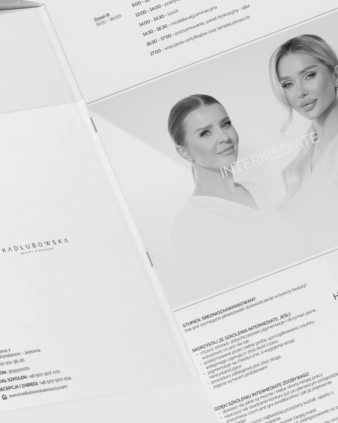 Kadr z broszury szkoły wizażu: dwie modelki po zabiegach, harmonogram szkoleń i opis korzyści z kursu 'Intermediate'. Stonowana kolorystyka, profesjonalny wygląd.