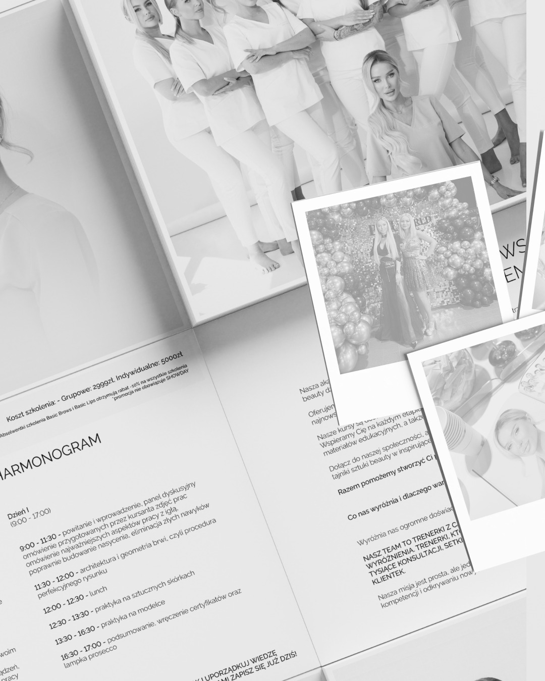 Materiały szkoleniowe akademii beauty: harmonogram, zdjęcia kursantek i informacje o kursach. Układ graficzny z elementami fotografii i tekstu.