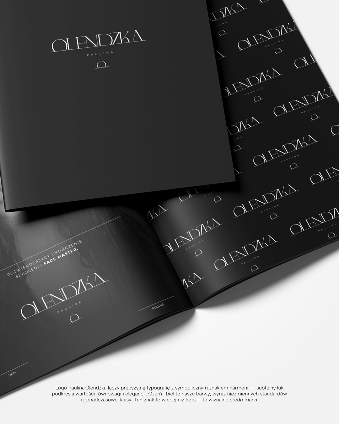 Elegancki branding: czarne materiały z białym logo 'Olendzka Paulina', w tym broszura i papier firmowy z powtarzalnym wzorem logo, podkreślające minimalizm i profesjonalizm.
