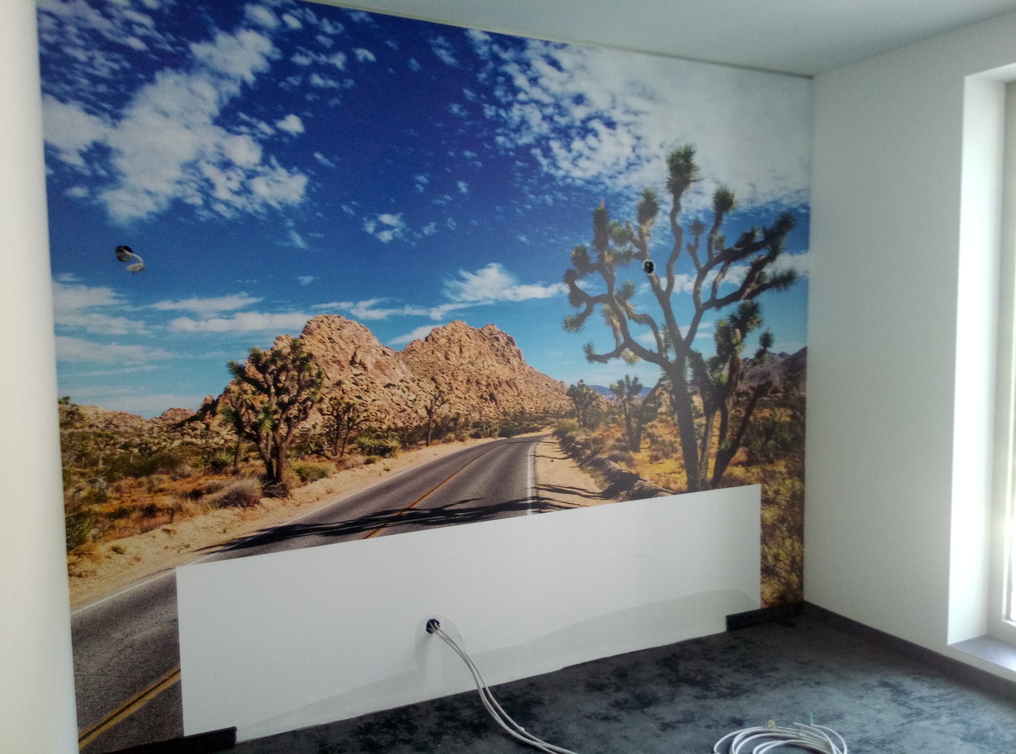 Fototapeta z motywem pustynnego krajobrazu z drogą i kaktusami Joshua Tree, zamontowana na ścianie w pomieszczeniu w Pile. Częściowo zakryta białą płytą maskującą przewody.